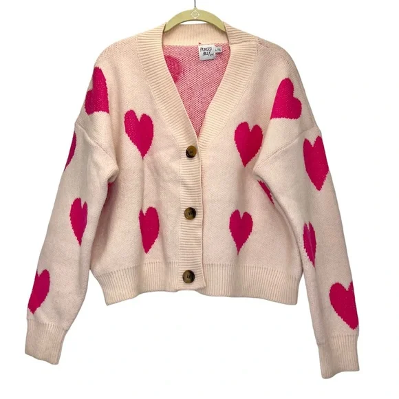 Princess Polly Fantastic Pink Heart Cardigan Size Large XL Cropped Graphic  Knit